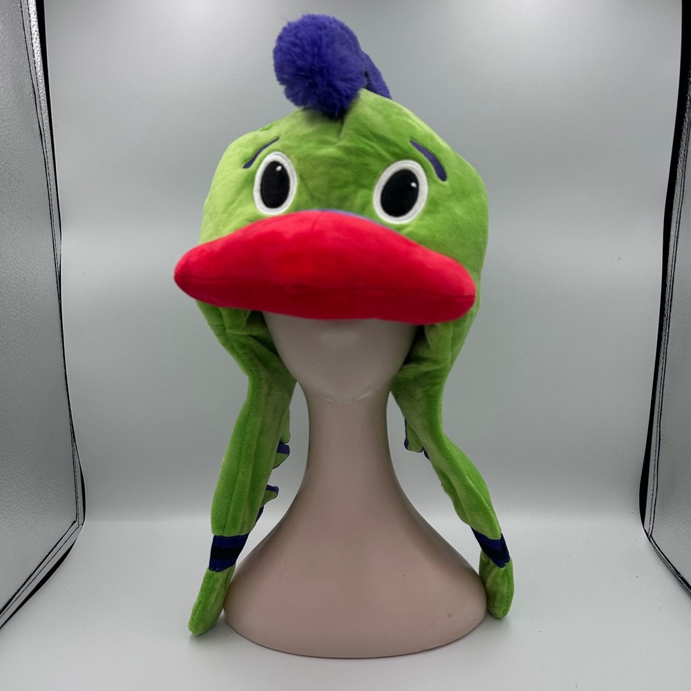 Smoothie King Green Bird Plush Trapper Hat Purple Mohawk Red Beak Novelty Cap